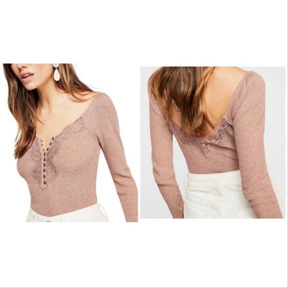 Free People To The West Cedarwood Fitted Ribbed Lace Long Sleeve Top Size Medium - Picture 1 of 8